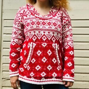 Pink Rose Women’s Long Sleeve Knitted Pullover Hooded Sweater‎ Size XL Red White